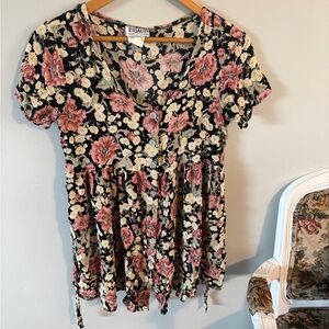 Vintage Black Floral Short-Sleeve Button Front Top - Pink & Cream Flowers